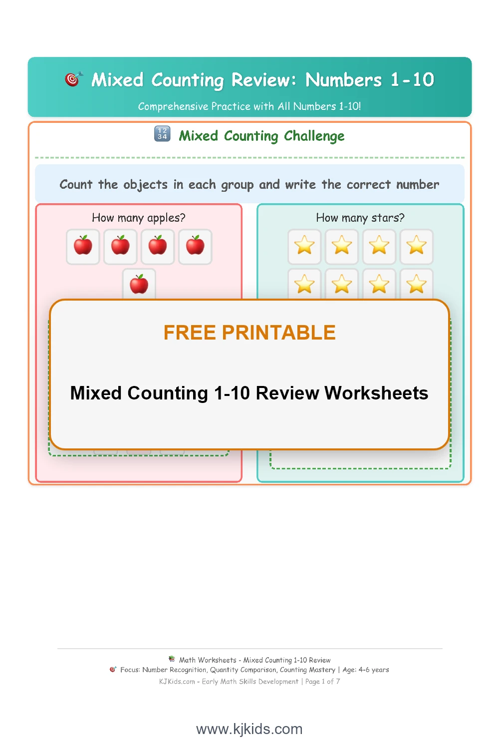Mixed Counting 1-10 Review Worksheets
