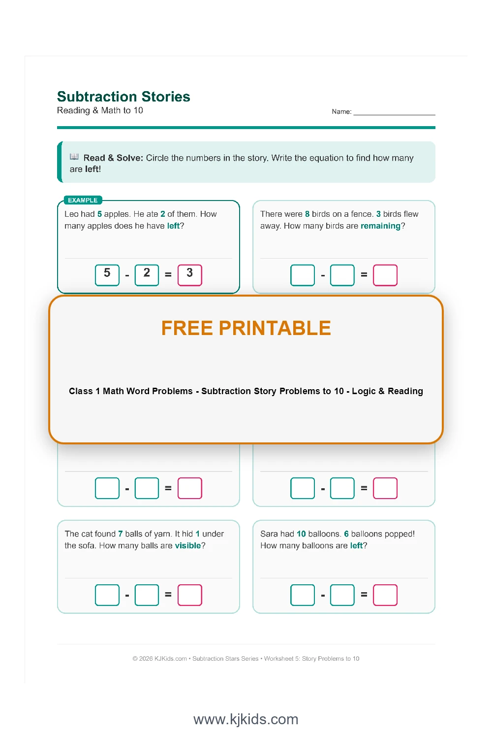 Class 1 Math Word Problems - Subtraction Story Problems to 10 - Logic & Reading