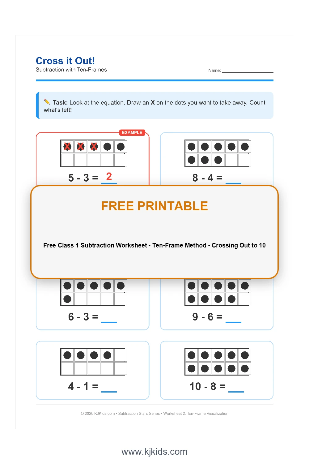 Free Class 1 Subtraction Worksheet - Ten-Frame Method - Crossing Out to 10