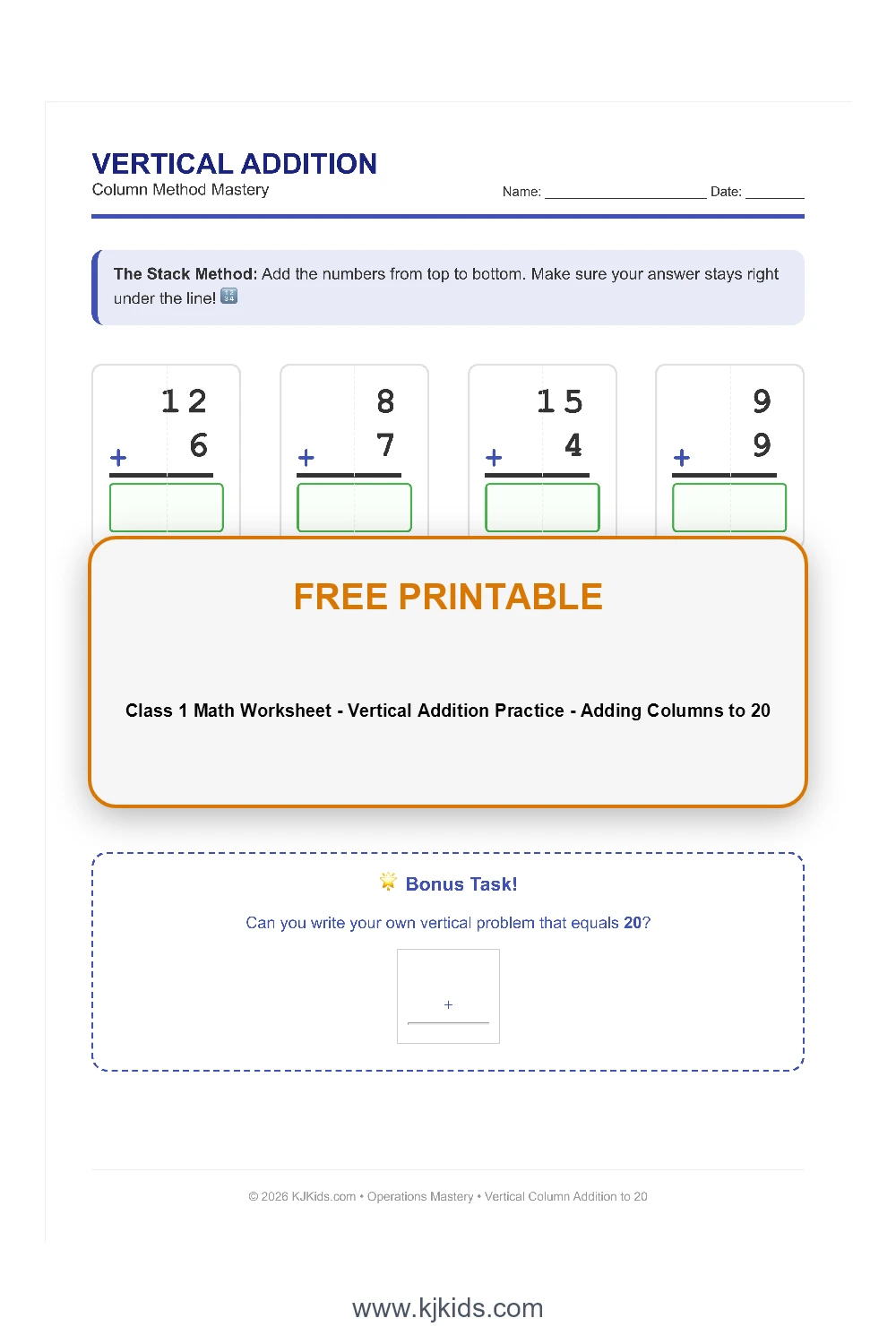 Class 1 Math Worksheet - Vertical Addition Practice - Adding Columns to 20
