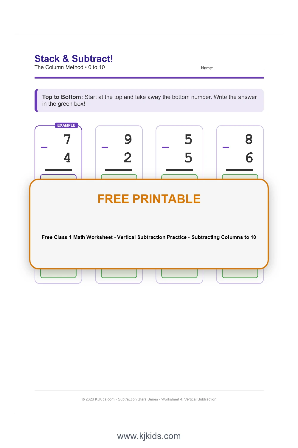 Free Class 1 Math Worksheet - Vertical Subtraction Practice - Subtracting Columns to 10