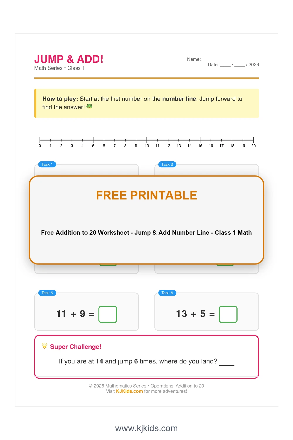 Free Addition to 20 Worksheet - Jump & Add Number Line - Class 1 Math
