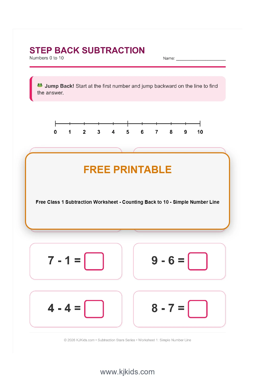Free Class 1 Subtraction Worksheet - Counting Back to 10 - Simple Number Line