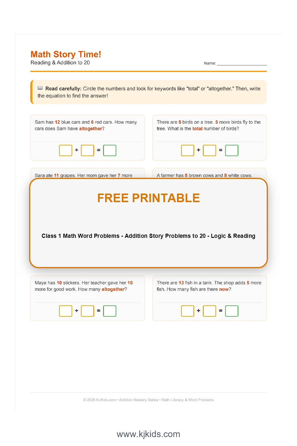 Class 1 Math Word Problems - Addition Story Problems to 20 - Logic & Reading